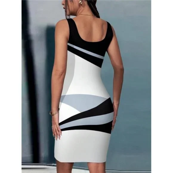 Contrast Color Patchwork Figure Print Bodycon Dress - Picture 2 of 6
